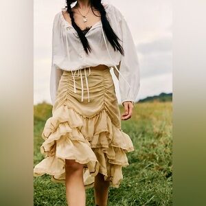 NWOT Free People Skirt Tan Calliope Ruffle Midi Prairie